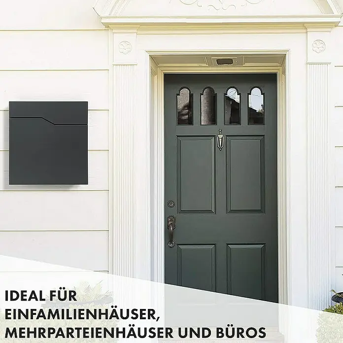 Floordirekt Wandbriefkasten Jean mit Zeitungsfach und großer Einwurfklappe - Anthrazit, Stahl, Zeitungsfach - Moderner Briefkasten in Anthrazit an einer Hauswand neben einer Haustür. Ideal für Einfamilienhäuser, Mehrparteienhäuser und Büros.