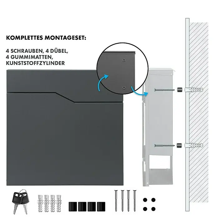 Floordirekt Wandbriefkasten Jean mit Zeitungsfach und großer Einwurfklappe - Anthrazit, Stahl, Zeitungsfach - Montage des Briefkastens mit Schrauben, Dübeln, Gummimatten und Kunststoffzylinder. Komplettes Set für die einfache Installation.