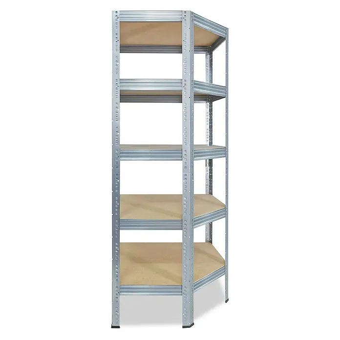 shelfplaza Schwerlastregal PRO - H x B x T: 200 x 70 x 45 cm, Traglast pro Boden: 200 kg, Stecken, verzinkt - Abgebildetes Produkt: Ein silberfarbenes, freistehendes Regal mit fünf Holzböden, ideal zur Aufbewahrung in Garage oder Keller. Praktisch und robust.