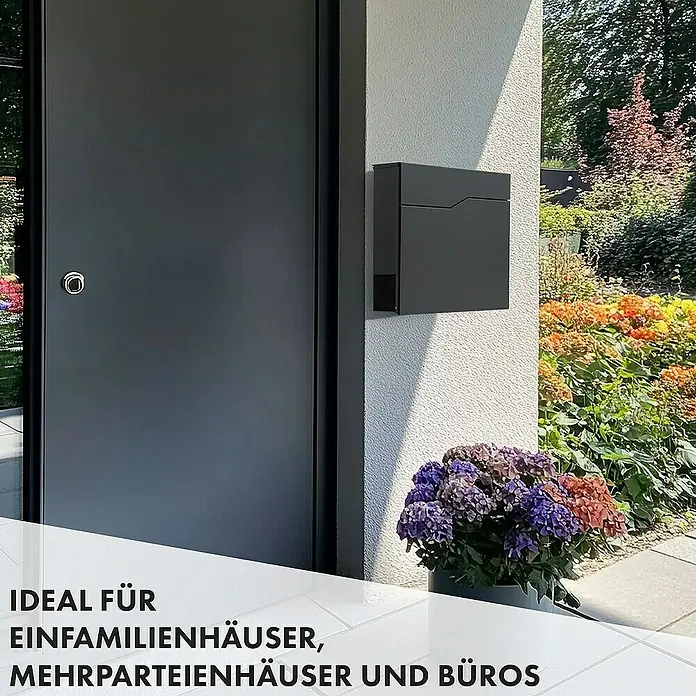 Floordirekt Wandbriefkasten Jean mit Zeitungsfach und großer Einwurfklappe - Anthrazit, Stahl, Zeitungsfach - Elegante schwarze Briefkastenanlage an einer modernen Hauswand. Ideal für stilvolle Eingangsbereiche.