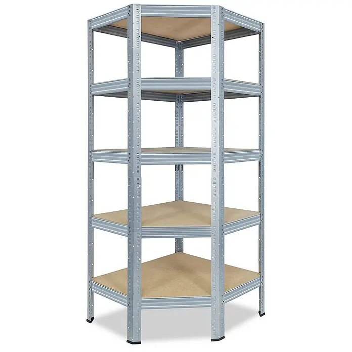 shelfplaza Schwerlastregal PRO - H x B x T: 200 x 70 x 45 cm, Traglast pro Boden: 200 kg, Stecken, verzinkt - Ein fünflagiges, graues Eckregal mit Holzregalböden. Das Regal ist ideal für die platzsparende Aufbewahrung in Ecken.