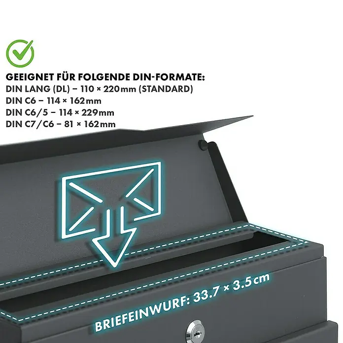 Floordirekt Wandbriefkasten Jean mit Zeitungsfach und großer Einwurfklappe - Anthrazit, Stahl, Zeitungsfach - Bild einer Briefkastenöffnung mit den Maßen 33,7 x 3,5 cm, geeignet für DIN-Formate von Lang bis C7/C6.