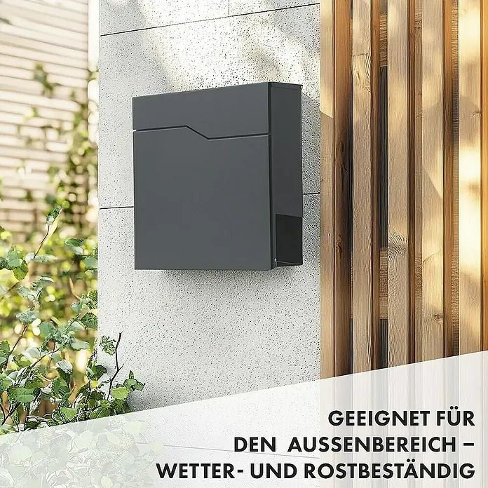 Floordirekt Wandbriefkasten Jean mit Zeitungsfach und großer Einwurfklappe - Anthrazit, Stahl, Zeitungsfach - Eine moderne, anthrazitfarbene Briefkastenanlage, geeignet für den Außenbereich und wetterbeständig.