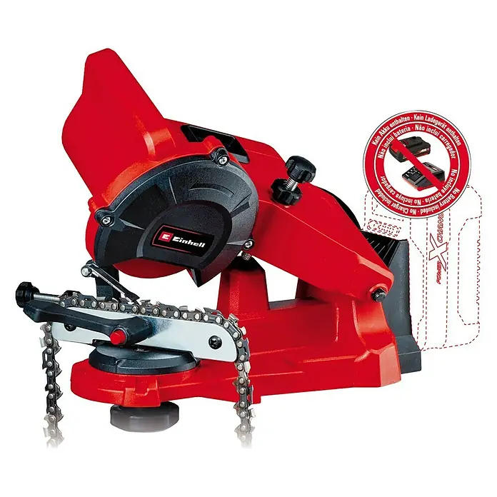 Einhell PXC 18V Afilador para cadena de motosierra de batería GE-CS 18 Li-Solo - 18 V - Afilador de cadena Einhell en rojo con cadena y señal de advertencia roja con símbolos de falta de batería y cargador.