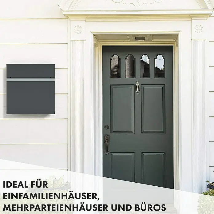 Floordirekt Wandbriefkasten Gaston mit Zeitungsfach und Edelstahl-Namensschild - Anthrazit, Stahl, Zeitungsfach - Grauer Briefkasten an einer weißen Hauswand, ideal für Einfamilienhäuser, Mehrparteienhäuser und Büros.