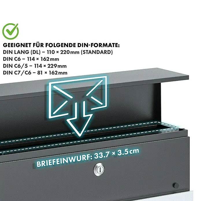 Floordirekt Wandbriefkasten Gaston mit Zeitungsfach und Edelstahl-Namensschild - Anthrazit, Stahl, Zeitungsfach - Abbildung eines Briefkastens, der für verschiedene DIN-Formate geeignet ist, mit einem Briefeinwurf von 33,7 x 3,5 cm.