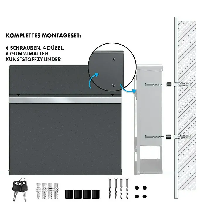 Floordirekt Wandbriefkasten Gaston mit Zeitungsfach und Edelstahl-Namensschild - Anthrazit, Stahl, Zeitungsfach - Komplettes Montageset für Briefkästen. Das Set enthält Schrauben, Dübel, Gummimatten und einen Kunststoffzylinder für die einfache Installation.