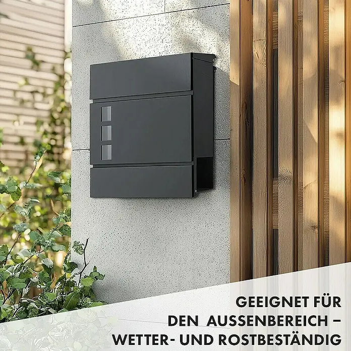 Floordirekt Wandbriefkasten Jules mit Zeitungsfach und Sichtfenster - L x B x H: 37 x 10,5 x 37 cm, Anthrazit, Stahl, Zeitungsfach - Ein moderner, anthrazitfarbener Briefkasten mit Zeitungsfach an einer Wand, ideal für den Außenbereich und witterungsbeständig.