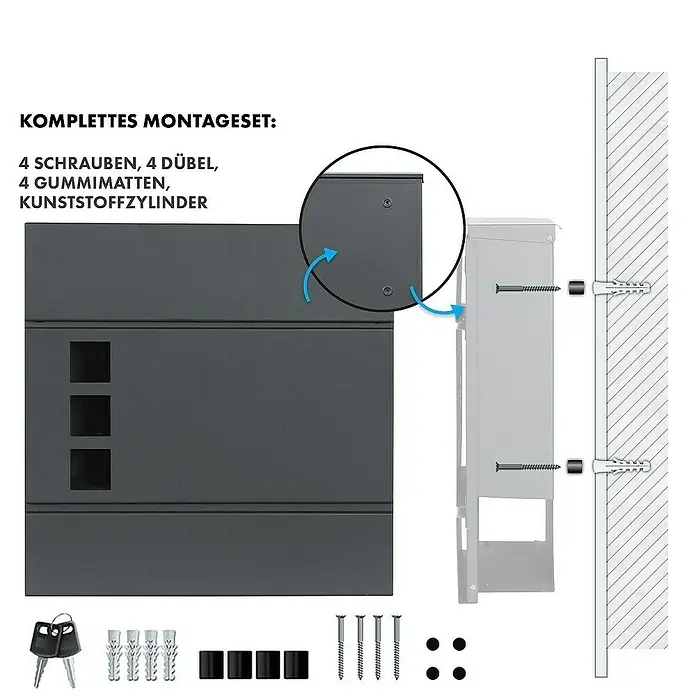 Floordirekt Wandbriefkasten Jules mit Zeitungsfach und Sichtfenster - L x B x H: 37 x 10,5 x 37 cm, Anthrazit, Stahl, Zeitungsfach - Komplettes Montageset für den Briefkasten, inklusive Schrauben, Dübel, Gummimatten und Kunststoffzylinder für die einfache Installation.