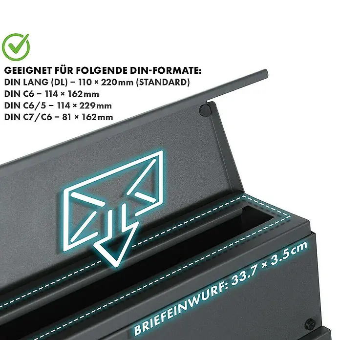 Floordirekt Wandbriefkasten Jules mit Zeitungsfach und Sichtfenster - L x B x H: 37 x 10,5 x 37 cm, Anthrazit, Stahl, Zeitungsfach - Bild einer Briefkastenöffnung mit Angaben zu passenden DIN-Formaten und den Maßen des Briefeinwurfs (33.7 x 3.5cm).