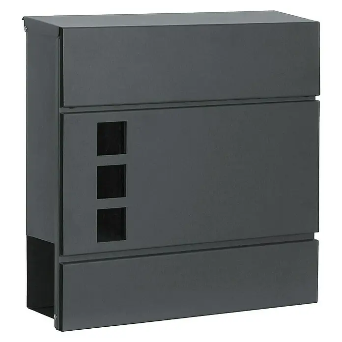 Floordirekt Wandbriefkasten Jules mit Zeitungsfach und Sichtfenster - L x B x H: 37 x 10,5 x 37 cm, Anthrazit, Stahl, Zeitungsfach - Moderner, anthrazitfarbener Briefkasten mit minimalistischem Design und drei quadratischen Sichtfenstern für stilvolle Postaufbewahrung.