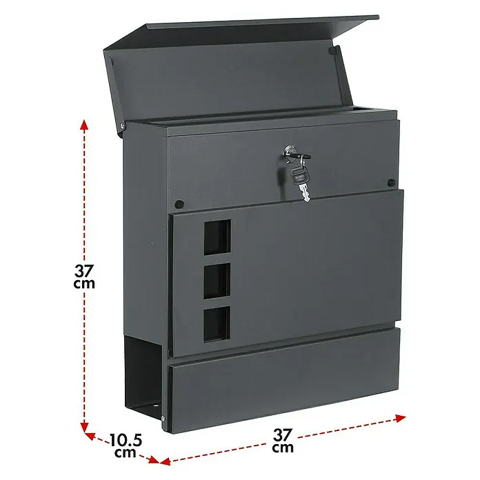 Floordirekt Wandbriefkasten Jules mit Zeitungsfach und Sichtfenster - L x B x H: 37 x 10,5 x 37 cm, Anthrazit, Stahl, Zeitungsfach - Das Bild zeigt einen grauen Briefkasten mit den Maßen 37x37x10,5 cm, inklusive Schlüssel und einer Klappe zum Öffnen.