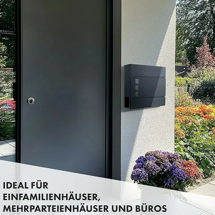 Floordirekt Wandbriefkasten Jules mit Zeitungsfach und Sichtfenster - L x B x H: 37 x 10,5 x 37 cm, Anthrazit, Stahl, Zeitungsfach - Ein modernes, anthrazitfarbenes Briefkastensystem, das stilvoll an einer Hauswand neben einer passenden Tür montiert ist.