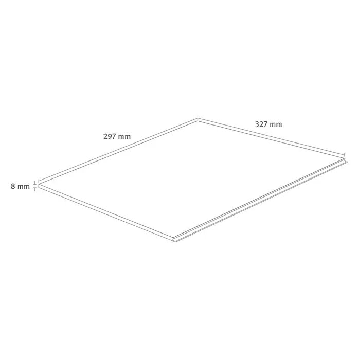 Egger Laminatmuster NatureSense Aqua - 297 x 327 x 8 mm, Fliesenoptik, Calvia Stein sandgrau - Darstellung einer rechteckigen Platte mit den Maßen 297 mm x 327 mm und einer Dicke von 8 mm.