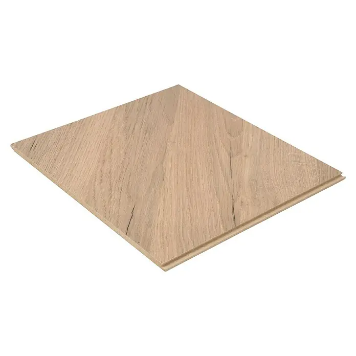 Egger Laminatmuster NatureSense - 297 x 327 x 8 mm, Fischgrät, Rillington Eiche dunkel - Nahaufnahme einer einzelnen Laminatdiele mit hellbrauner Holzmaserung und Nut- und Feder-Verbindung für einfache Verlegung.