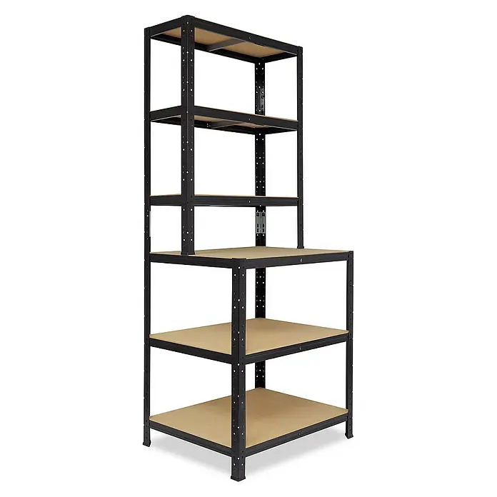 shelfplaza Schwerlastregal BLACK - H x B x T: 190 x 80 x 60 cm, Traglast pro Boden: 175 kg, Stecken, schwarz - Abgebildet ist ein schwarzes Schwerlastregal mit fünf Regalböden aus Holz. Das Regal ist für schwere Lasten geeignet und bietet viel Stauraum.