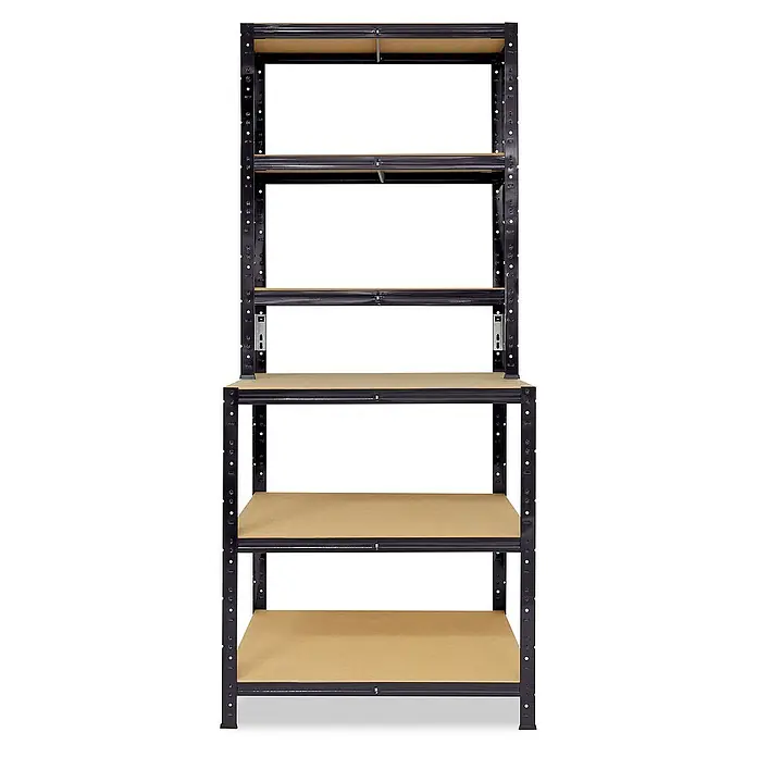 shelfplaza Schwerlastregal BLACK - H x B x T: 190 x 80 x 60 cm, Traglast pro Boden: 175 kg, Stecken, schwarz - Das Bild zeigt ein schwarzes Schwerlastregal mit fünf Holzböden, ideal für Garage, Keller oder Lagerraum, für mehr Ordnung und Übersicht.