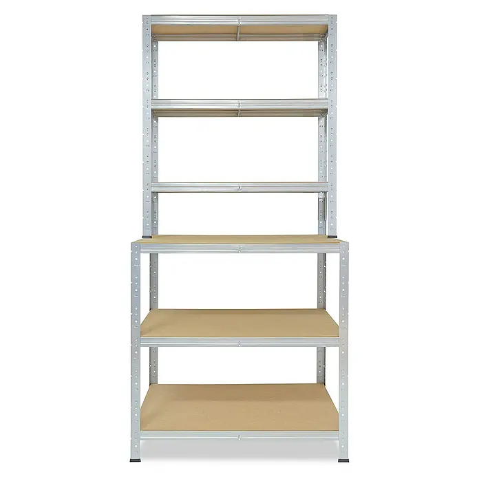 shelfplaza Schwerlastregal HOME - H x B x T: 190 x 80 x 60 cm, Traglast pro Boden: 175 kg, Stecken, verzinkt - Ein praktisches, silbernes Schwerlastregal mit Regalböden aus Holzwerkstoff, ideal für Lagerung und Ordnung im Keller oder der Werkstatt.