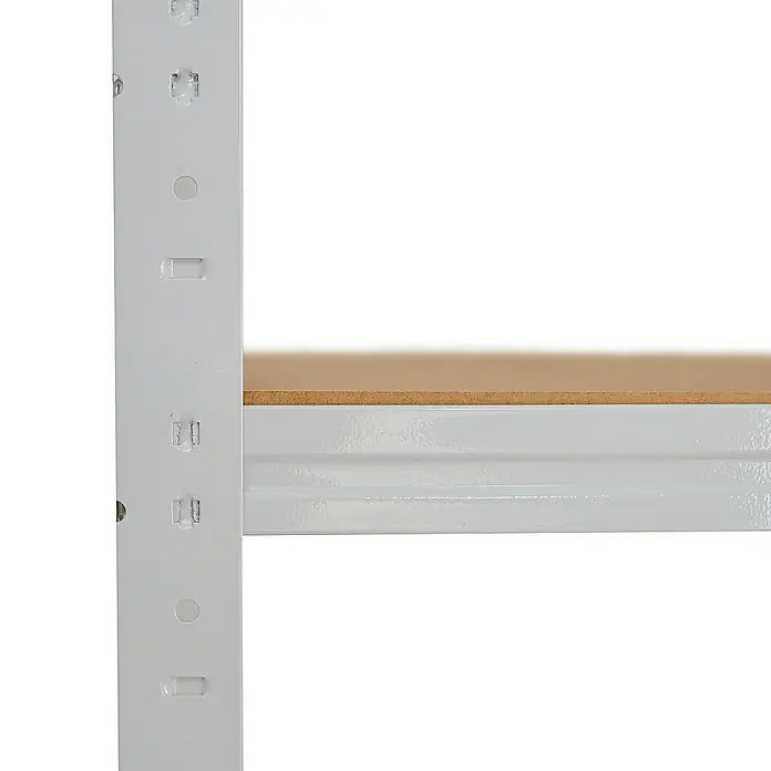 shelfplaza Schwerlastregal OFFICE - H x B x T: 180 x 110 x 30 cm, Traglast pro Boden: 175 kg, Stecken, lichtgrau - Nahaufnahme eines Lagerregals mit Holzplatte und stabilen, weißen Metallstützen, ideal für Ordnung und Lastenverteilung.