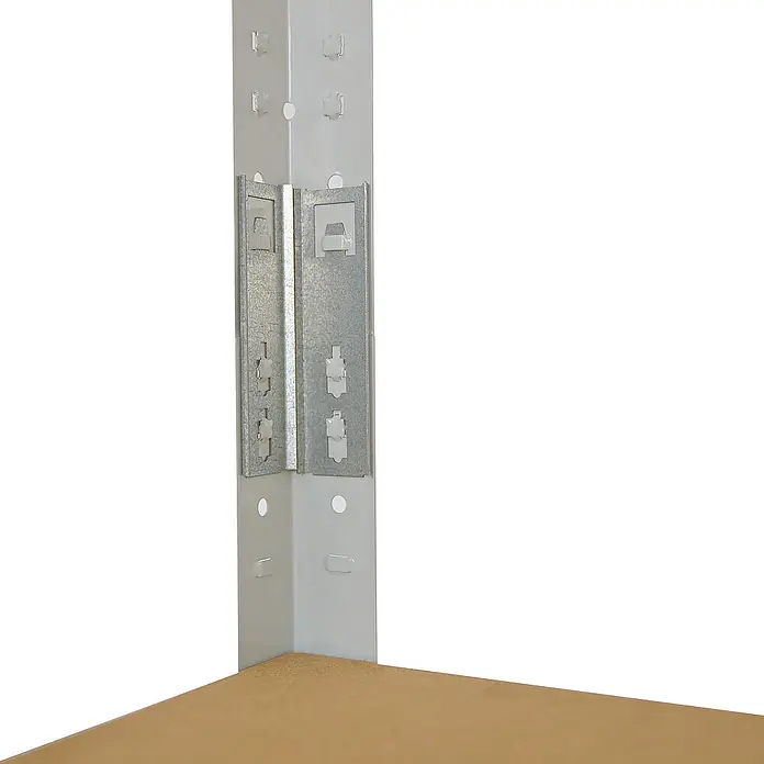 shelfplaza Schwerlastregal OFFICE - H x B x T: 180 x 110 x 30 cm, Traglast pro Boden: 175 kg, Stecken, lichtgrau - Nahaufnahme eines weißen Metallregals mit silbernen Halterungen, das Stabilität und Funktionalität vereint.