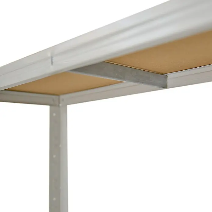shelfplaza Schwerlastregal OFFICE - H x B x T: 180 x 110 x 30 cm, Traglast pro Boden: 175 kg, Stecken, lichtgrau - Detailansicht eines Regals mit silbernem Metallrahmen und einer braunen Holzplatte, das Stabilität und Funktionalität vereint.