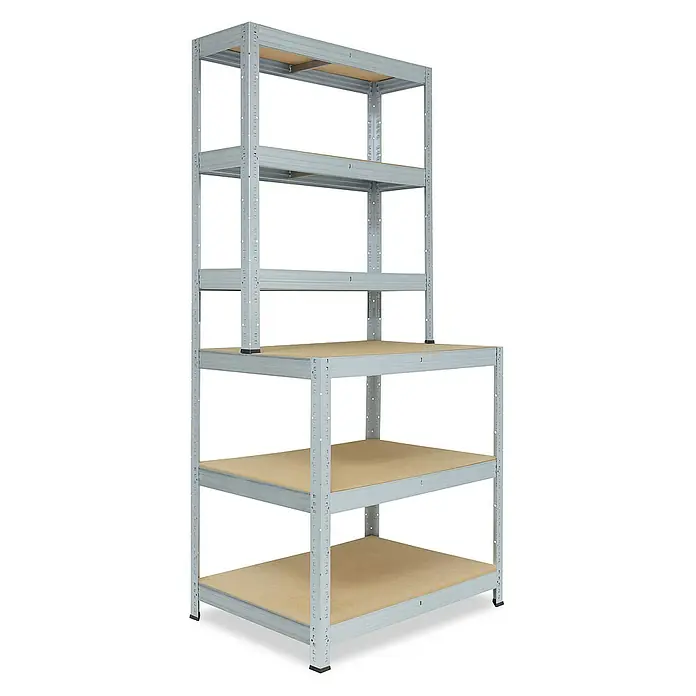 shelfplaza Schwerlastregal PRO - H x B x T: 190 x 80 x 60 cm, Traglast pro Boden: 200 kg, Stecken, verzinkt - Ein hohes, graues Metallregal mit vier Ablagen unten und einem zusätzlichen Aufbau mit drei Ablagen.