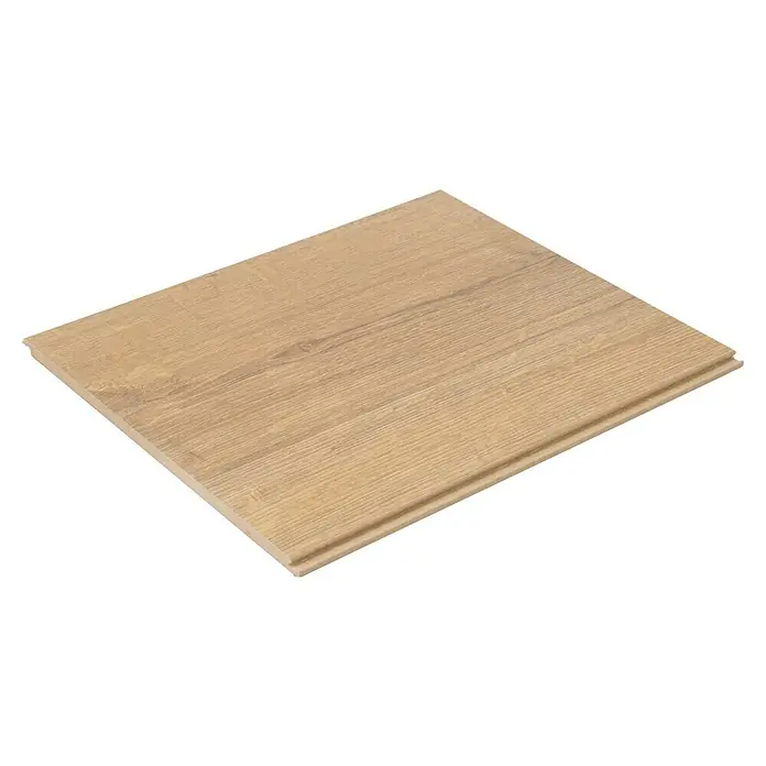 Egger Laminatmuster NatureSense Aqua - 297 x 246 x 8 mm, Landhausdiele, Sherman Eiche honig - Nahaufnahme einer einzelnen, hellbraunen Laminatdiele mit Holzmaserung, die sich ideal für Bodenbeläge und Inneneinrichtungen eignet.