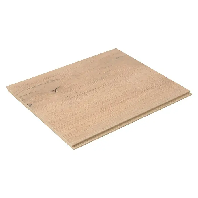 Egger Laminatmuster NatureSense - 297 x 246 x 8 mm, Landhausdiele, Carlin Eiche sand - Ein einzelnes Laminatbrett in einem hellen Holzton, das die Textur und das Design von Holzböden hervorhebt.