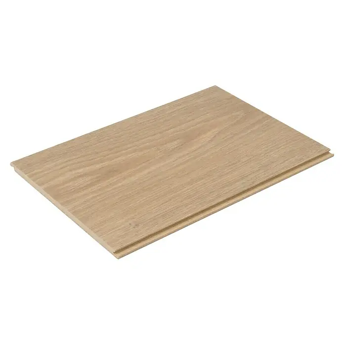 Egger Laminatmuster Aquadura - 297 x 193 x 7,5 mm, Landhausdiele, Camden Eiche natur - Nahaufnahme eines einzelnen, helleichenfarbenen Laminatdielenmusters mit einer glatten Oberfläche und Nut- und Federverbindung.