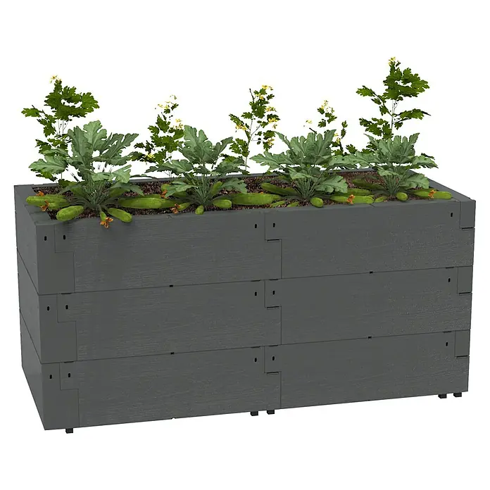 Juwel Hochbeet Timber 3-reihig - 130 x 60 x 60 cm, Kunststoff, Anthrazit - Ein graues, dreistufiges Hochbeet mit wachsendem Gemüse und Pflanzen, ideal für den Garten oder die Terrasse.