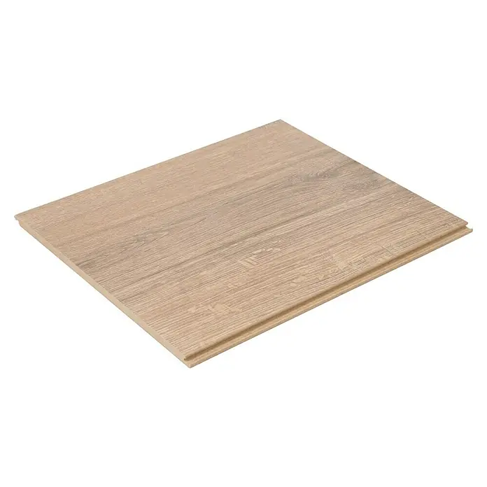 Egger Laminatmuster NatureSense Aqua - 297 x 246 x 8 mm, Landhausdiele, Sherman Eiche braun - Detailaufnahme eines Laminatbodens mit einer hellen Holzoptik. Gut sichtbar sind die feinen Holzmaserungen und die Nut-Feder-Verbindung.