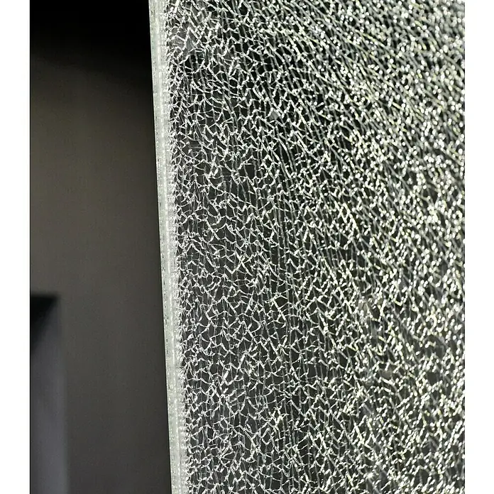 Camargue Duschwand Crash Glass S63 - B x H: 85 x 200 cm, Beschichtet - Nahaufnahme von zerbrochenem Sicherheitsglas, das ein einzigartiges und faszinierendes Muster aufweist.