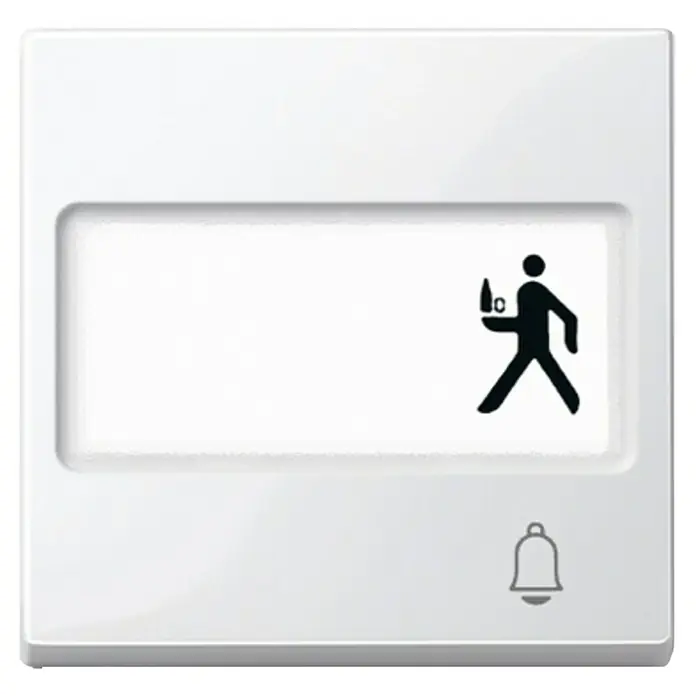 Merten M-Pure Universalwippe mit Schriftfeld und Symbol MEG3365-0325 - Polarweiß glänzend, Matt, Kunststoff, Unterputzmontage - Weißer Hotelzimmerschild mit Person, die Getränke trägt, und Klingelsymbol.