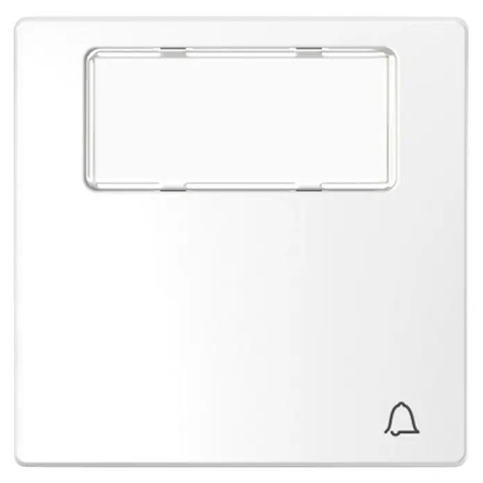 Merten D-Life Universalwippe mit Klingel-Symbol, Beschriftungsfeld MEG3365-6035 - Lotosweiß, Kunststoff, Unterputzmontage - Ein weißer Smart Home Klingelknopf mit rechteckigem Displayfeld und Klingelsymbol. Das Gerät ist modern und minimalistisch gestaltet.