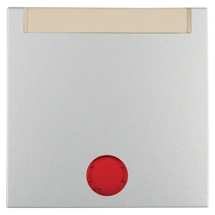 Berker Universalwippe mit 5 Linsen und Beschriftungsfeld S.1/B.3/B.7 16281404 - Alumi­nium, Matt, Kunststoff, Unterputzmontage - Nahaufnahme eines weißen Geräts mit rotem Knopf und beigem Streifen oben, das für Alarmsysteme oder Benachrichtigungen verwendet wird.
