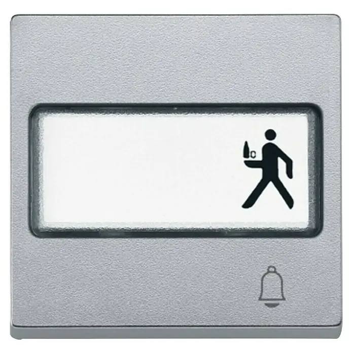 Merten M-Pure Universalwippe mit Schriftfeld und Symbol MEG3365-0325 - Grau, Kunststoff, Unterputzmontage - Ein quadratischer Rufknopf mit einem Rahmen für Text, einem Kellnersymbol und einer Glocke, ideal für Hotel- oder Gastronomiebetriebe.