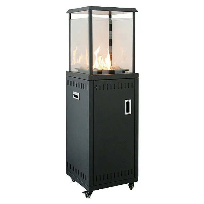 Nora Flames Estufa de exterior Kauai - 9 kW, Altura: 136,5 cm, Negro - Estufa de gas moderna con cerramiento de vidrio y llamas, perfecta para noches acogedoras al aire libre.