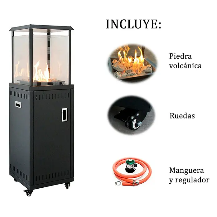 Nora Flames Estufa de exterior Kauai - 9 kW, Altura: 136,5 cm, Negro - Imagen de un calentador de patio con accesorios como rocas de lava, ruedas y manguera con regulador.