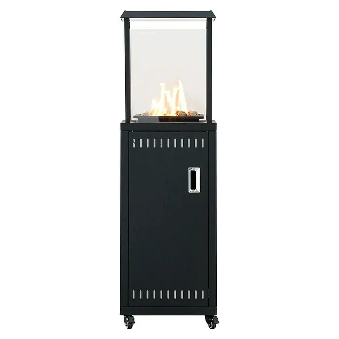Nora Flames Estufa de exterior Kauai - 9 kW, Altura: 136,5 cm, Negro - Un elegante calentador de patio de gas portátil con una carcasa negra, que proporciona calidez y ambiente a cualquier espacio al aire libre.