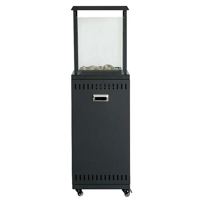 Nora Flames Estufa de exterior Kauai - 9 kW, Altura: 136,5 cm, Negro - Un primer plano de un calentador de patio negro con una estructura de vidrio y piedras decorativas en la parte superior, perfecto para noches acogedoras al aire libre.