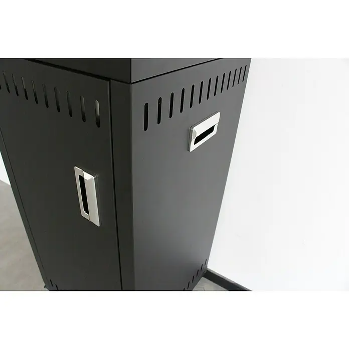 Nora Flames Estufa de exterior Kauai - 9 kW, Altura: 136,5 cm, Negro - Primer plano de un calentador de patio negro con asas y ranuras de ventilación.