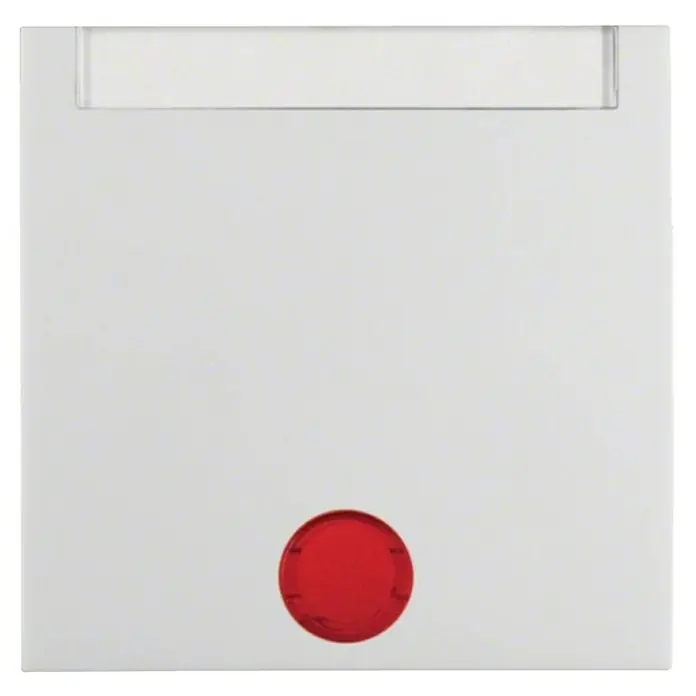Berker Universalwippe mit 5 Linsen und Beschriftungsfeld S.1/B.3/B.7 16281404 - Polarweiß glänzend, Glänzend, Kunststoff, Unterputzmontage - Weiße Tür mit rotem Notfallknopf und transparentem Beschriftungsfeld oben.