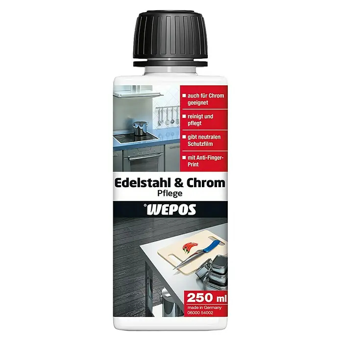 Wepos Pflegemittel Edelstahl- & Chrom-Pflege - 250 ml - Bild einer Flasche Edelstahl- und Chrompflege von Wepos, die für Chrom geeignet ist, reinigt, pflegt und einen neutralen Schutzfilm bildet.