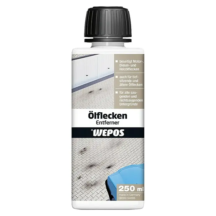 Wepos Ölflecken-Entferner - 250 ml, Flasche - Produktbild: Öl Fleckenentferner von Wepos, 250ml Flasche zur Entfernung von Öl, Diesel und Heizölflecken. Ideal für saugende Untergründe.