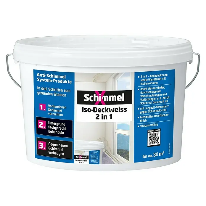 SchimmelX Wandfarbe Iso-Deckweiß 2in1 - Weiß, Stumpfmatt, 5 l - Das Produkt ist ein weißer Eimer Anti-Schimmel-Farbe von Schimmel, der in drei Schritten gegen Schimmel vorgeht und für ca. 30 m² geeignet ist.