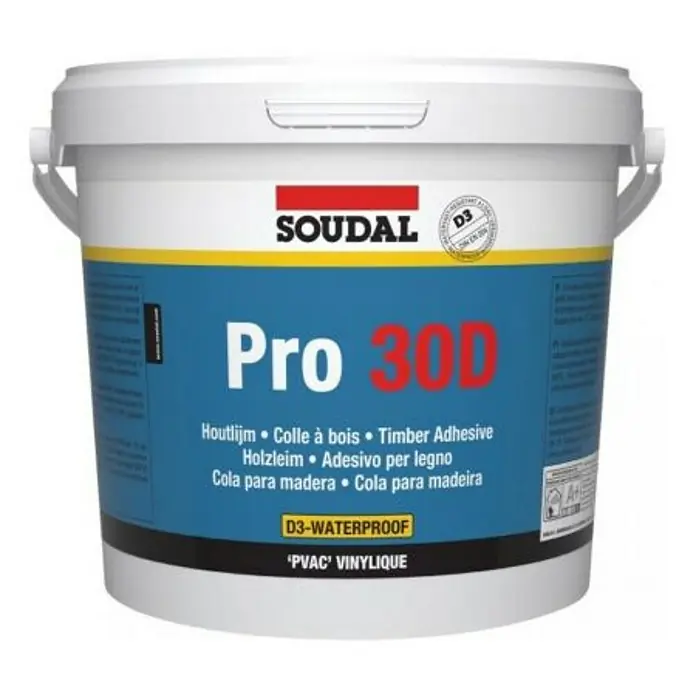 Soudal Holzleim - 5.000 g, Gebrauchsfertig - Ein Eimer Soudal Pro 30D Holzleim, ein wasserfester D3-Holzleim für verschiedene Holzverklebungen im Innen- und Außenbereich.