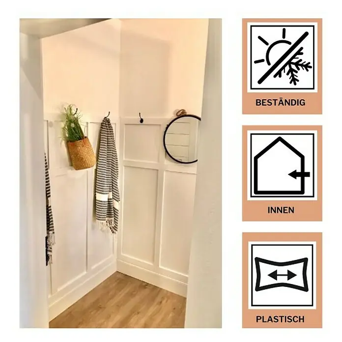 DuBaust Montagekleber Montagekleber - 504 g, Kartusche - Produktbild mit dekorativer Wandverkleidung, Haken, Spiegel und Pflanzen, die einen stilvollen Flurbereich schaffen.