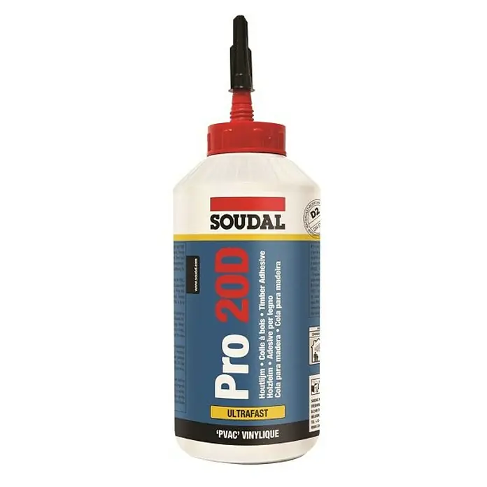 Soudal Holzleim Holzleim - 750 g, Lösemittelfrei - Eine Flasche Soudal Pro 20D Holzleim, ein schnell trocknender PVAC-Klebstoff für Holz, ideal für Schreinerarbeiten und DIY-Projekte.
