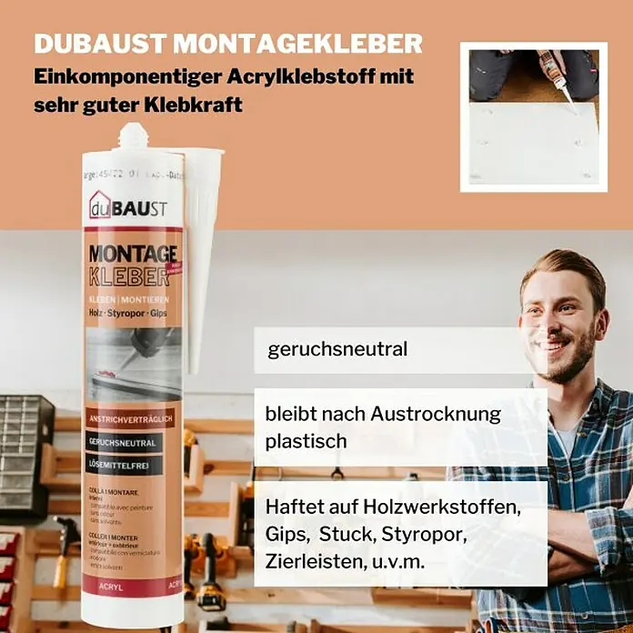 DuBaust Montagekleber Montagekleber - 504 g, Kartusche - DUBAUST Montagekleber: Einkomponentiger Acrylklebstoff mit sehr guter Klebkraft für Holz, Styropor, Gips und mehr. Geruchsneutral und plastisch.