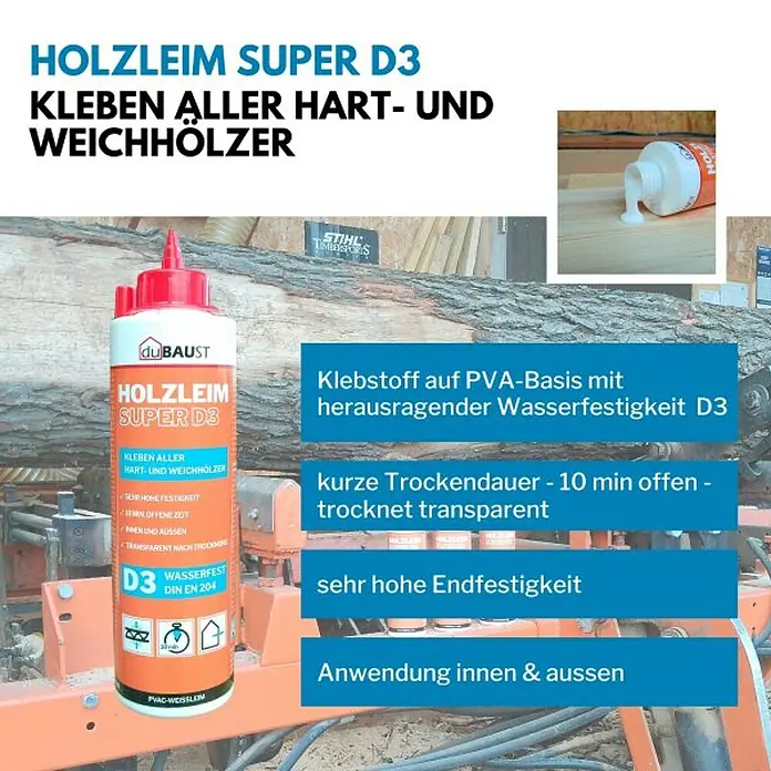 DuBaust Holzleim - 500 g, Gebrauchsfertig - Abbildung von DuBaust Holzleim Super D3, geeignet zum Verkleben von Hart- und Weichhölzern, wasserfest und transparent trocknend.